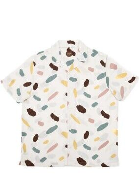 Common People Men's Short Sleeve Button Up 100% Cotton Cream w Splatter Small